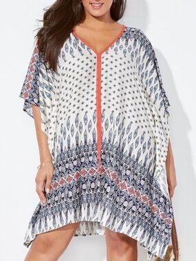 Cupshe White and Navy Boho Print Cover up with Red Accents NWT one size